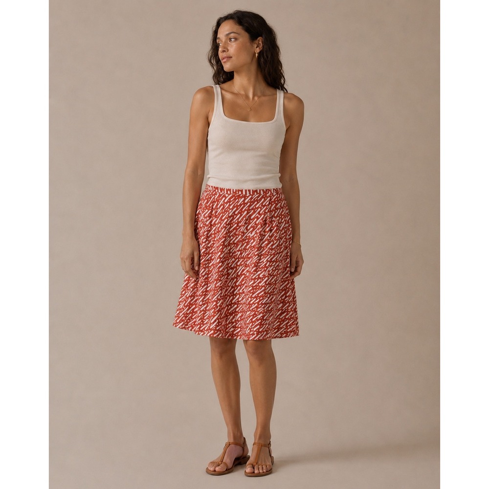 Chicos Orange White Abstract Geometric Cotton Midi A-Line Skirt Size 2 Large